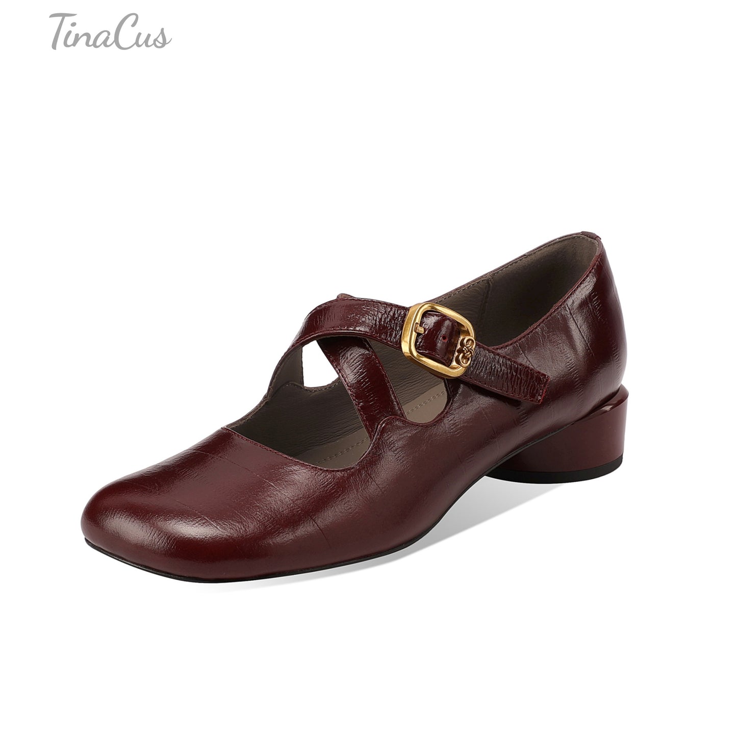 TinaCus Women’s Square Toe Genuine Leather Low Block Heel Handmade Cross Strap Mary Jane Shoes