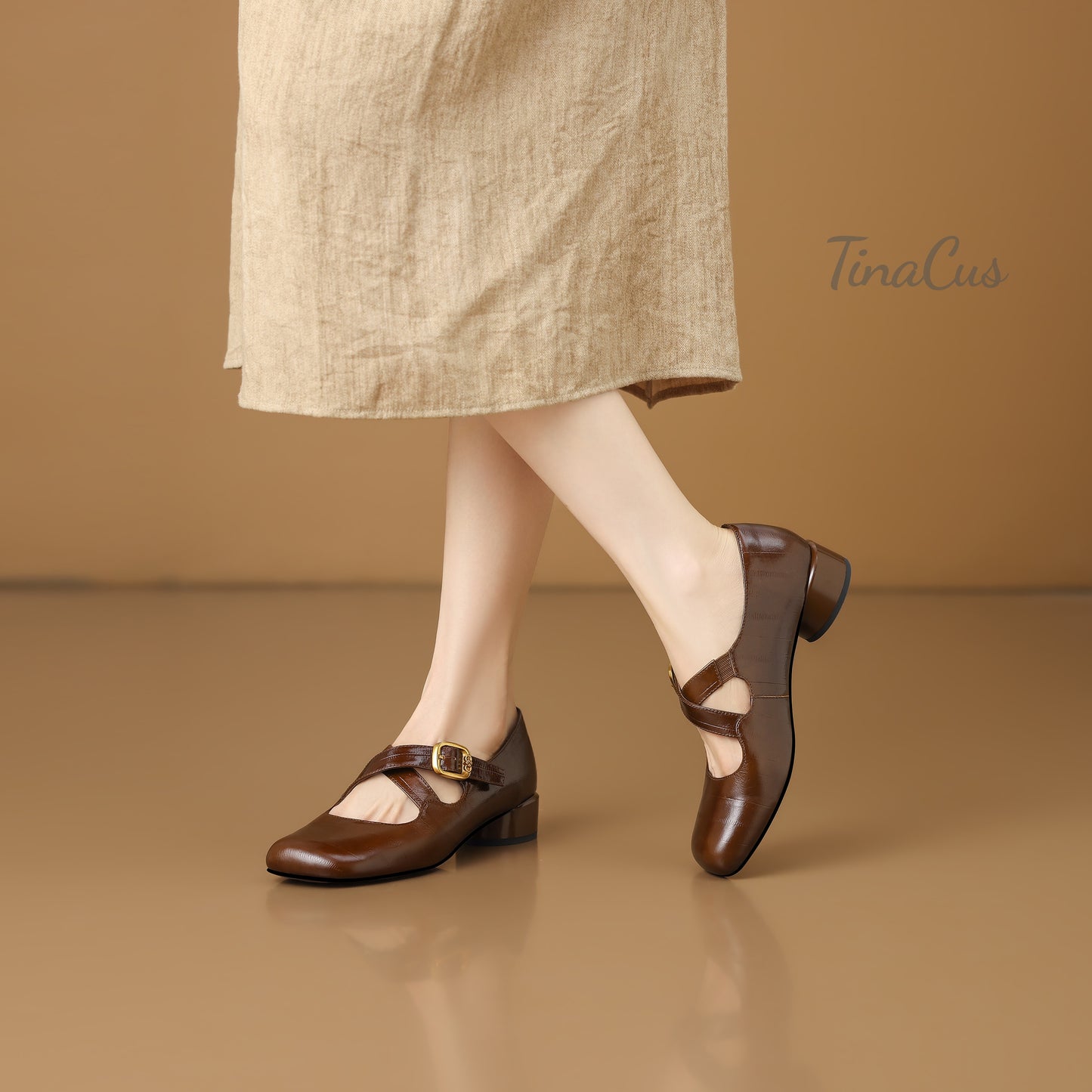TinaCus Women’s Square Toe Genuine Leather Low Block Heel Handmade Cross Strap Mary Jane Shoes