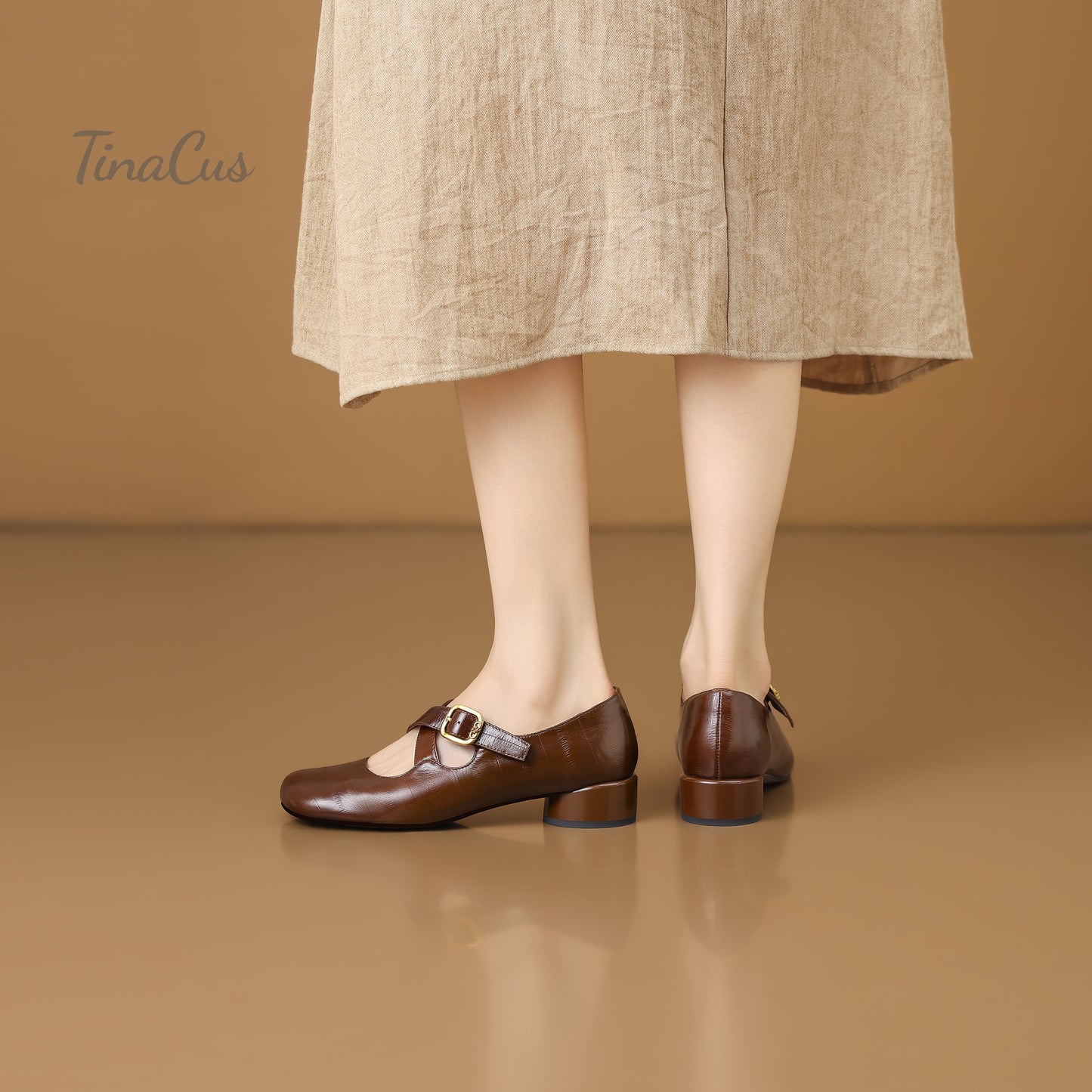 TinaCus Women’s Square Toe Genuine Leather Low Block Heel Handmade Cross Strap Mary Jane Shoes
