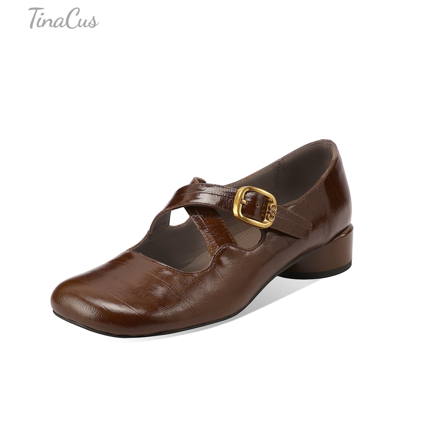 TinaCus Women’s Square Toe Genuine Leather Low Block Heel Handmade Cross Strap Mary Jane Shoes