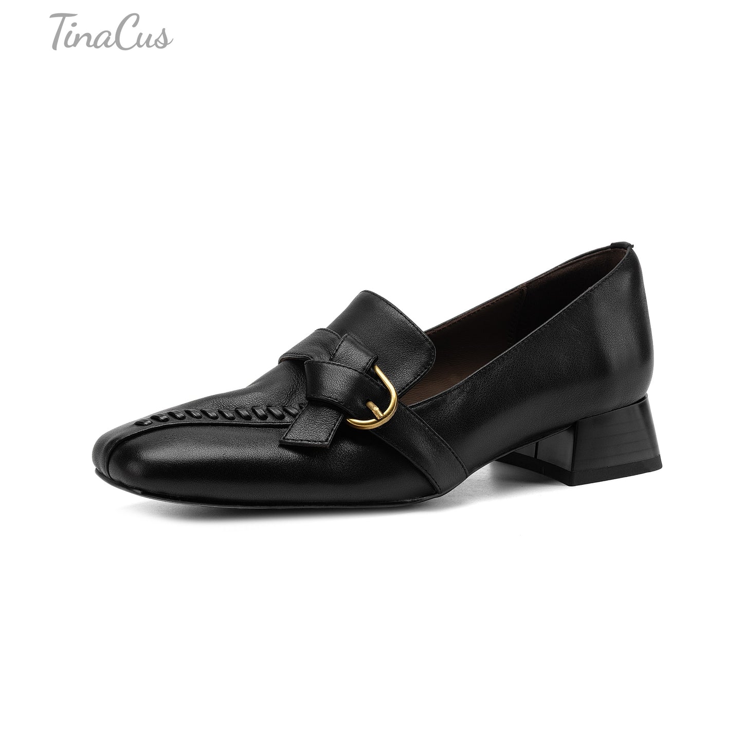 TinaCus Women’s Genuine Leather Square Toe Handmade Gold Buckle Low Block Heel Slip on Loafers