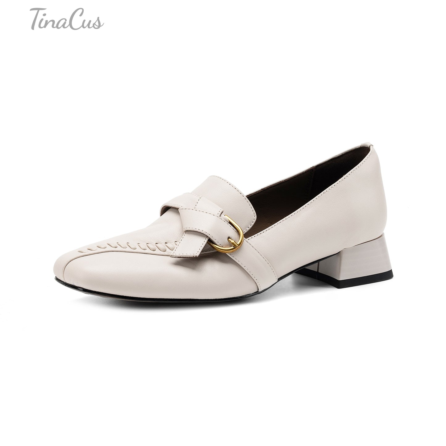 TinaCus Women’s Genuine Leather Square Toe Handmade Gold Buckle Low Block Heel Slip on Loafers