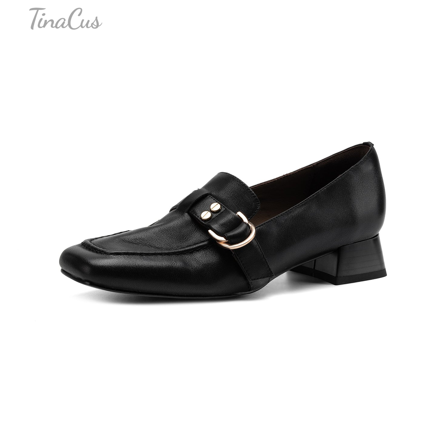 TinaCus Women’s Square Toe Genuine Leather Handmade Gold Buckle Business Office Loafers
