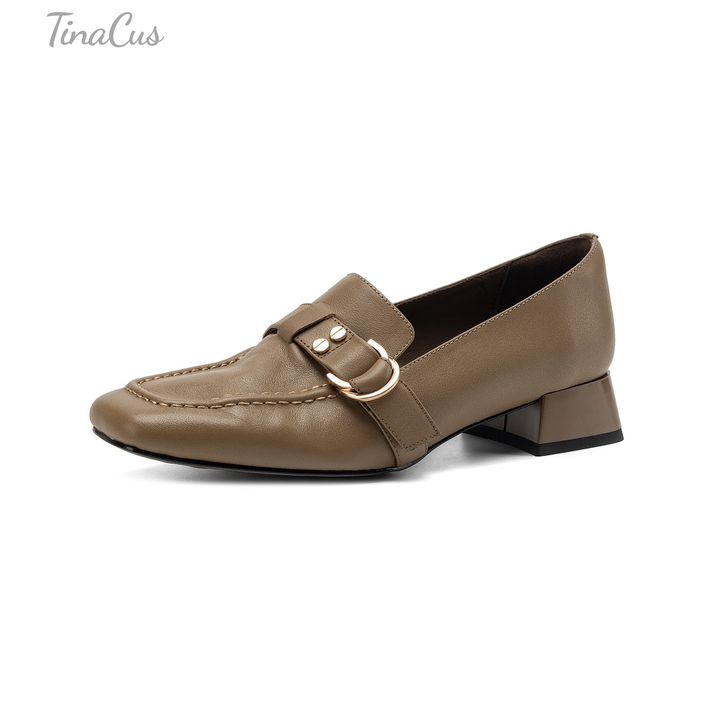 TinaCus Women’s Square Toe Genuine Leather Handmade Gold Buckle Business Office Loafers