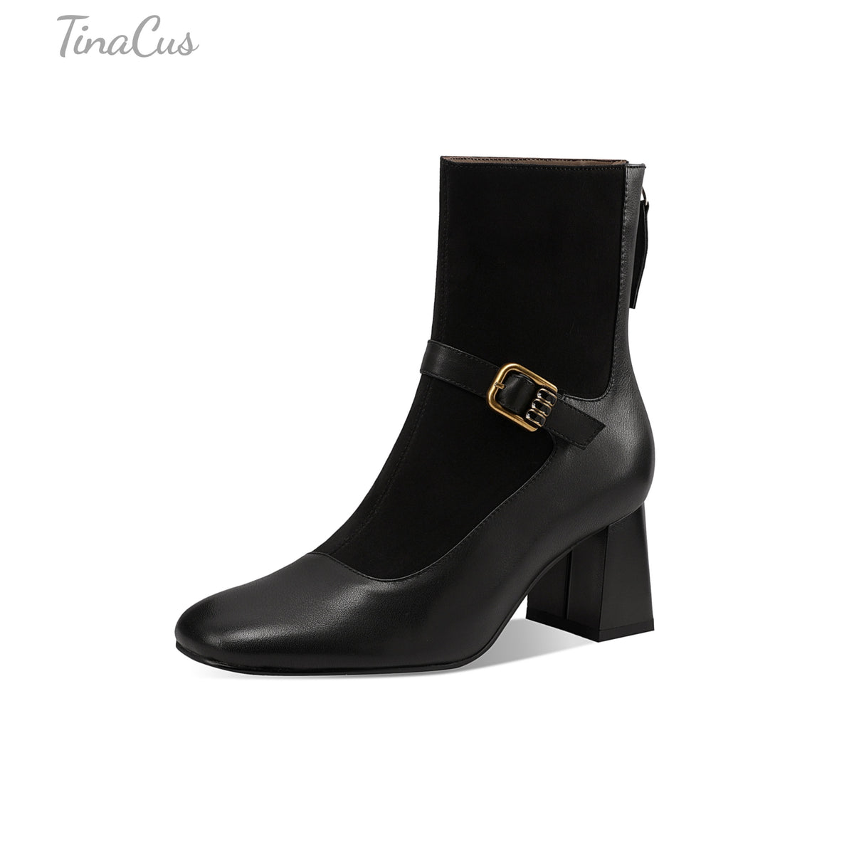 TinaCus Women’s Two-Tone Patchwork Buckle Strap Round Toe Block Heel Ankle Boots