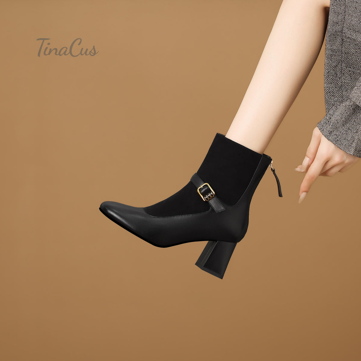 TinaCus Women’s Two-Tone Patchwork Buckle Strap Round Toe Block Heel Ankle Boots