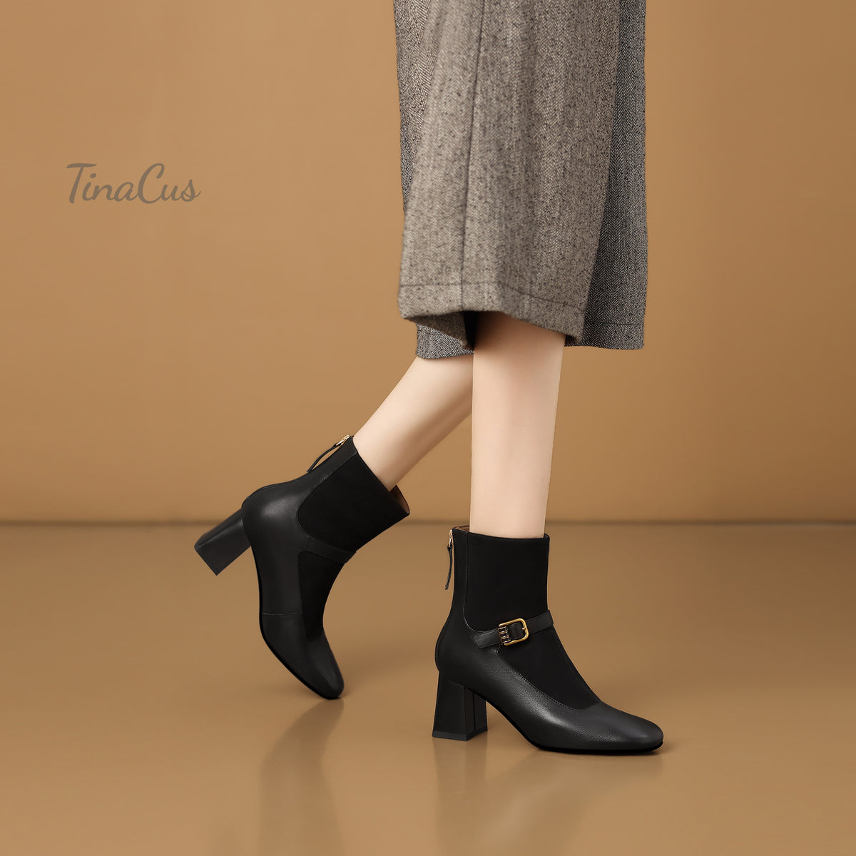 TinaCus Women’s Two-Tone Patchwork Buckle Strap Round Toe Block Heel Ankle Boots