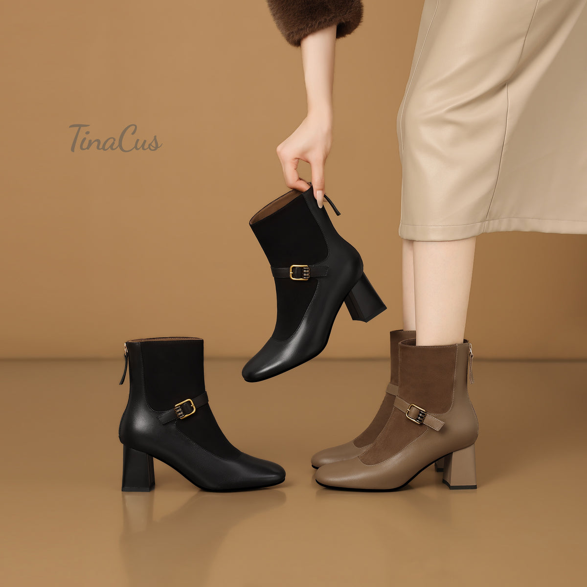 TinaCus Women’s Two-Tone Patchwork Buckle Strap Round Toe Block Heel Ankle Boots