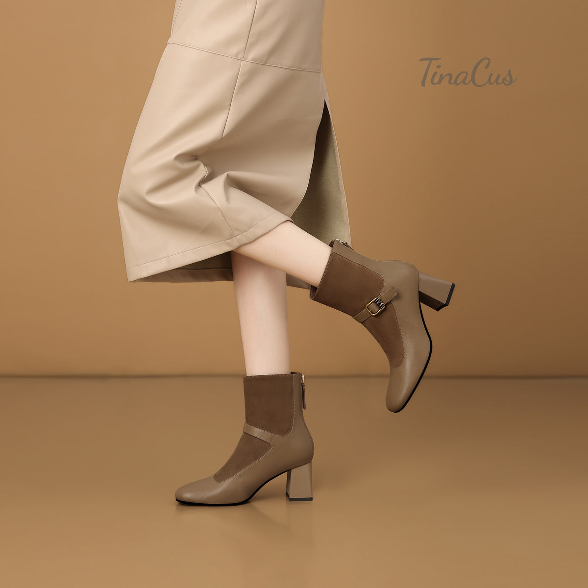TinaCus Women’s Two-Tone Patchwork Buckle Strap Round Toe Block Heel Ankle Boots
