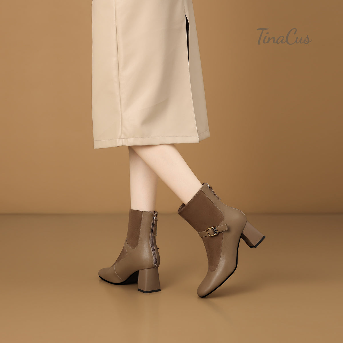 TinaCus Women’s Two-Tone Patchwork Buckle Strap Round Toe Block Heel Ankle Boots
