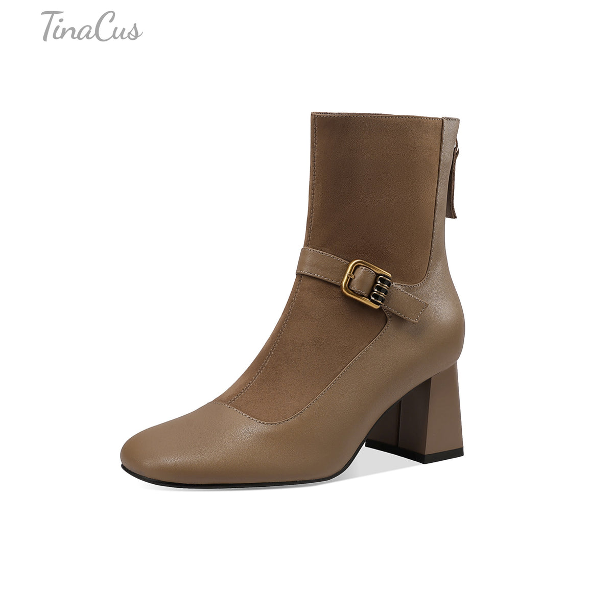 TinaCus Women’s Two-Tone Patchwork Buckle Strap Round Toe Block Heel Ankle Boots