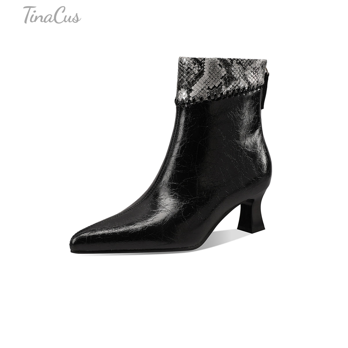 TinaCus Women’s Snake Print Trim Pointed Toe Back Zipper Ankle Booties