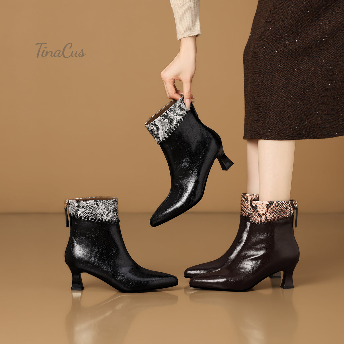 TinaCus Women’s Snake Print Trim Pointed Toe Back Zipper Ankle Booties