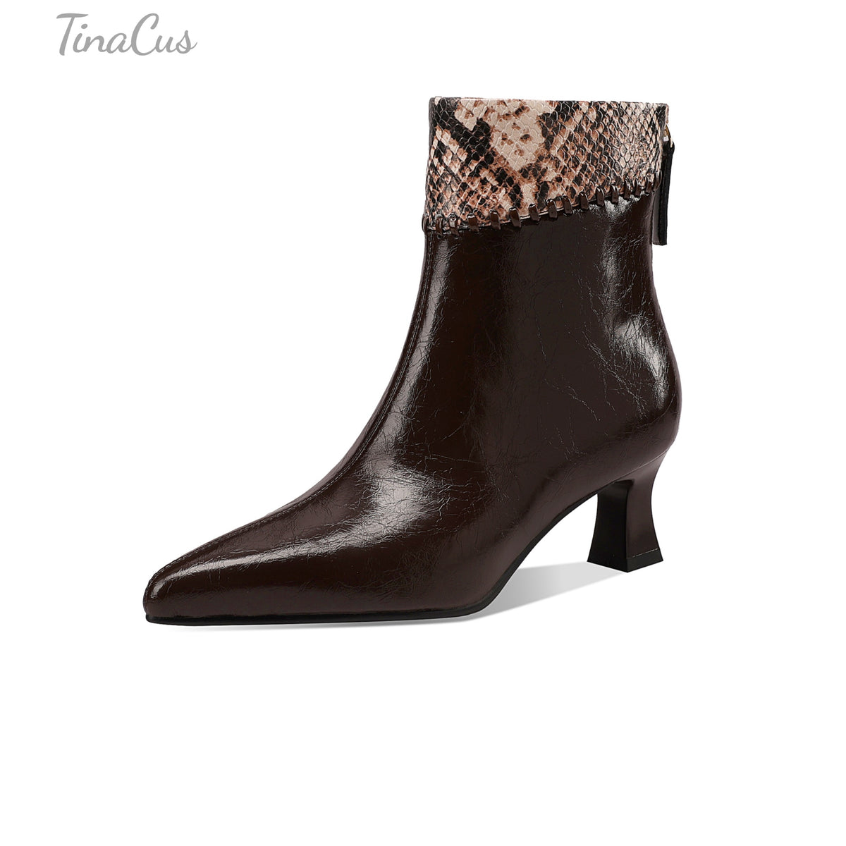TinaCus Women’s Snake Print Trim Pointed Toe Back Zipper Ankle Booties