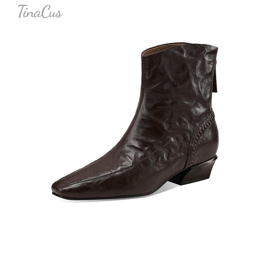 TinaCus Women Square Toe Handmade Low Cuban Heel Zip up Ankle Boots