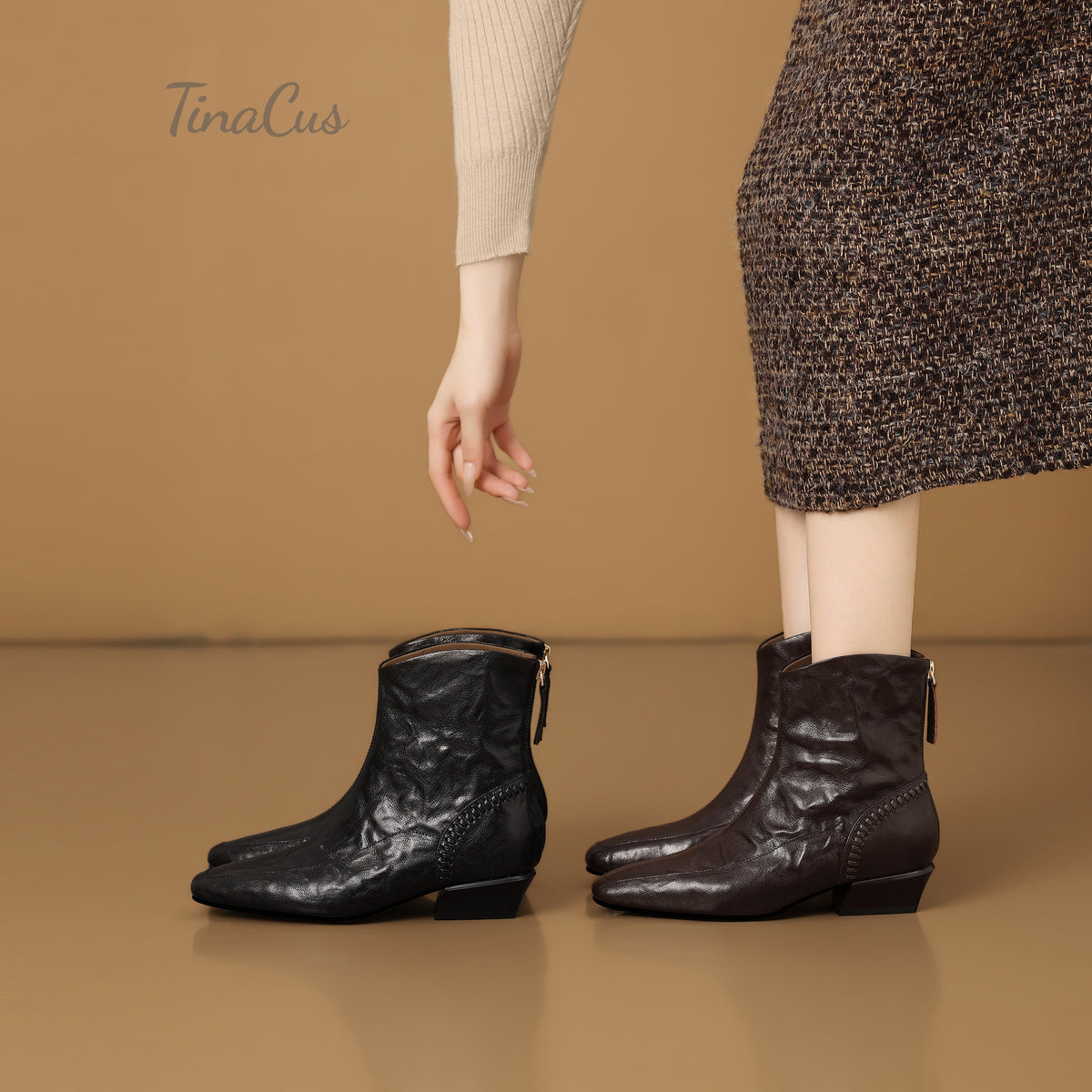 TinaCus Women Square Toe Handmade Low Cuban Heel Zip up Ankle Boots
