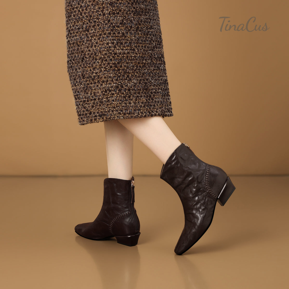 TinaCus Women Square Toe Handmade Low Cuban Heel Zip up Ankle Boots