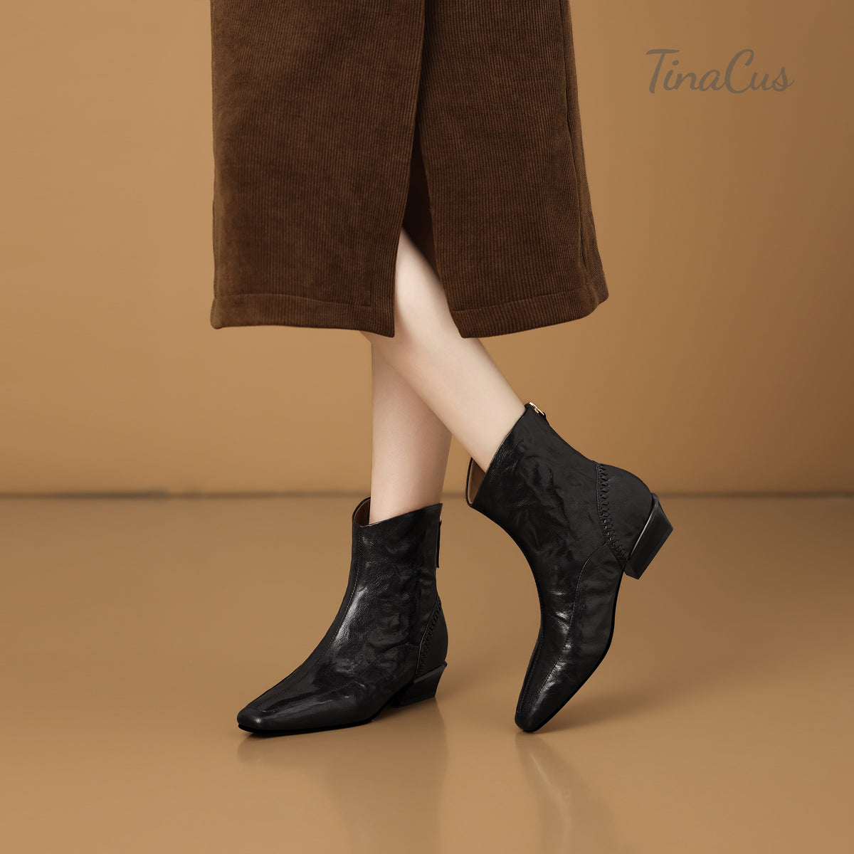 TinaCus Women Square Toe Handmade Low Cuban Heel Zip up Ankle Boots