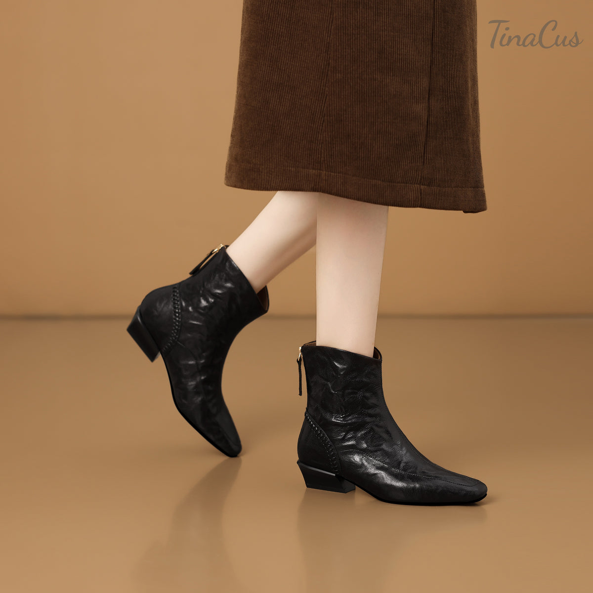 TinaCus Women Square Toe Handmade Low Cuban Heel Zip up Ankle Boots