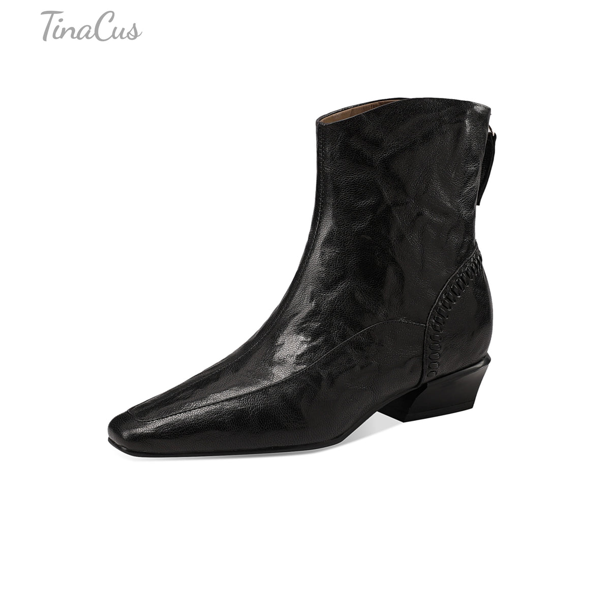 TinaCus Women Square Toe Handmade Low Cuban Heel Zip up Ankle Boots