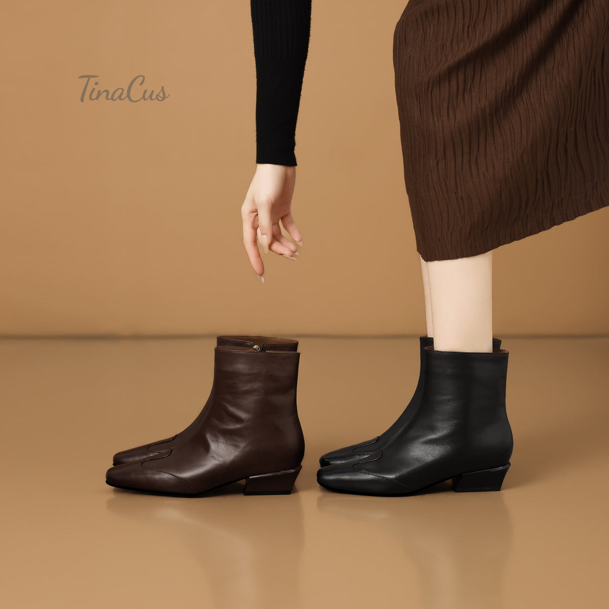 TinaCus Women's Square Toe Side Zipper Low Cuban Heel Casual Ankle Boots