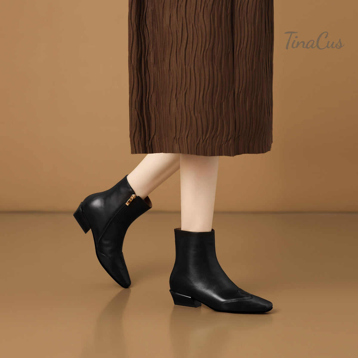 TinaCus Women's Square Toe Side Zipper Low Cuban Heel Casual Ankle Boots