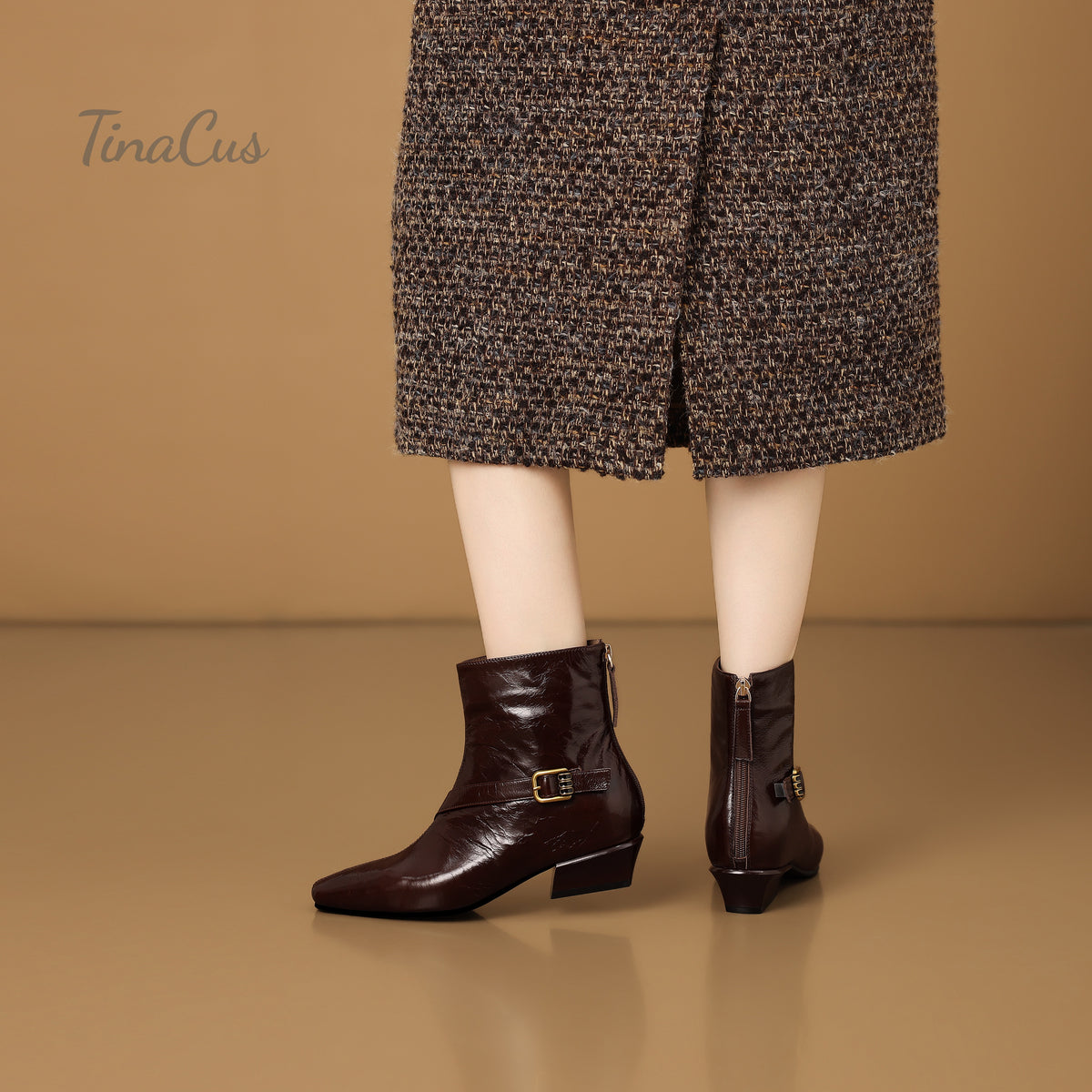 TinaCus Women’s Square Toe Back Zipper Low Cuban Heel Ankle Booties