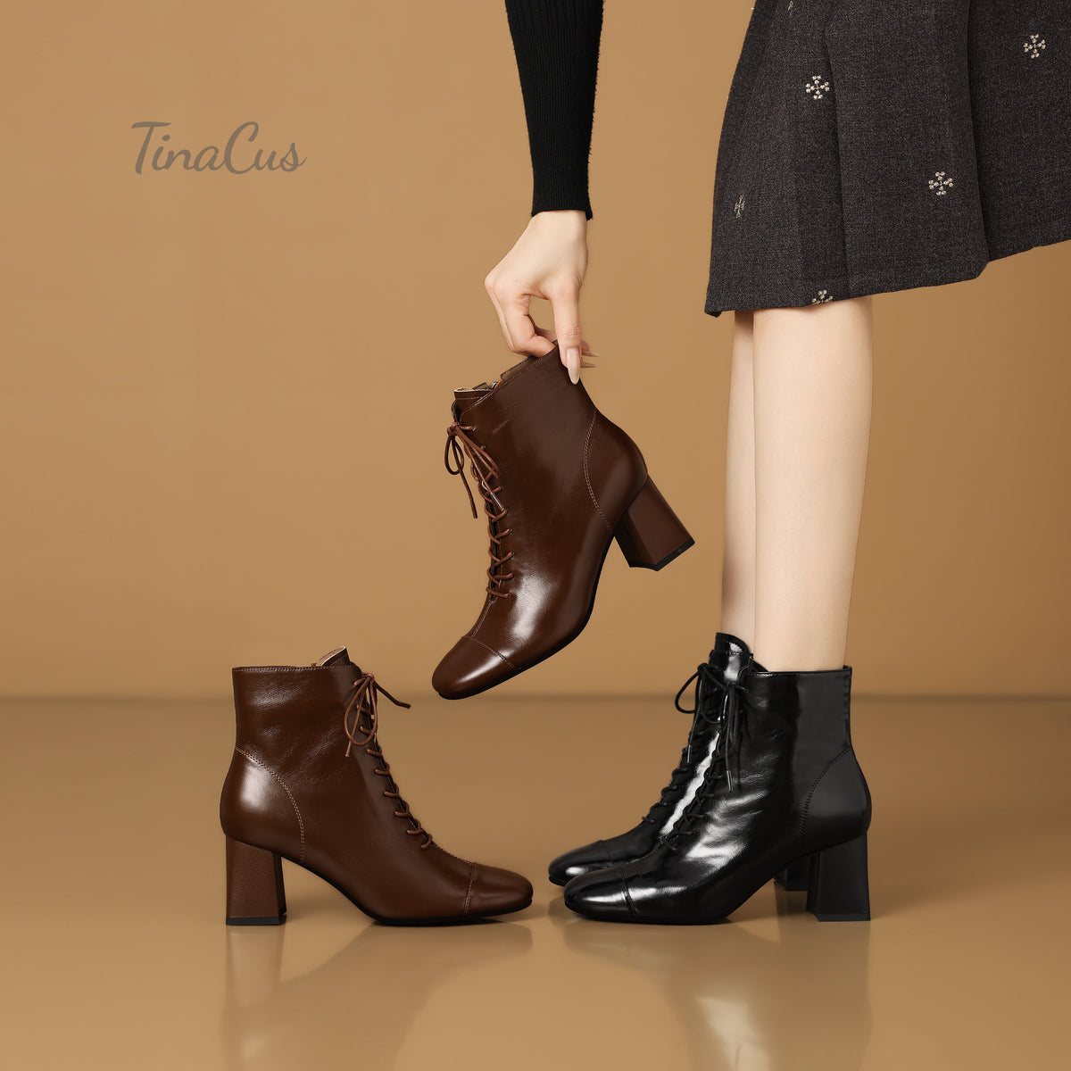 TinaCus Women’s Lace up Square Toe Block Heel Side Zipper Ankle Booties
