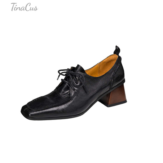 TinaCus Women's Oxoford Shoes Genuine Leather Handmade Square Toe Adjustable Lace-Up Pumps