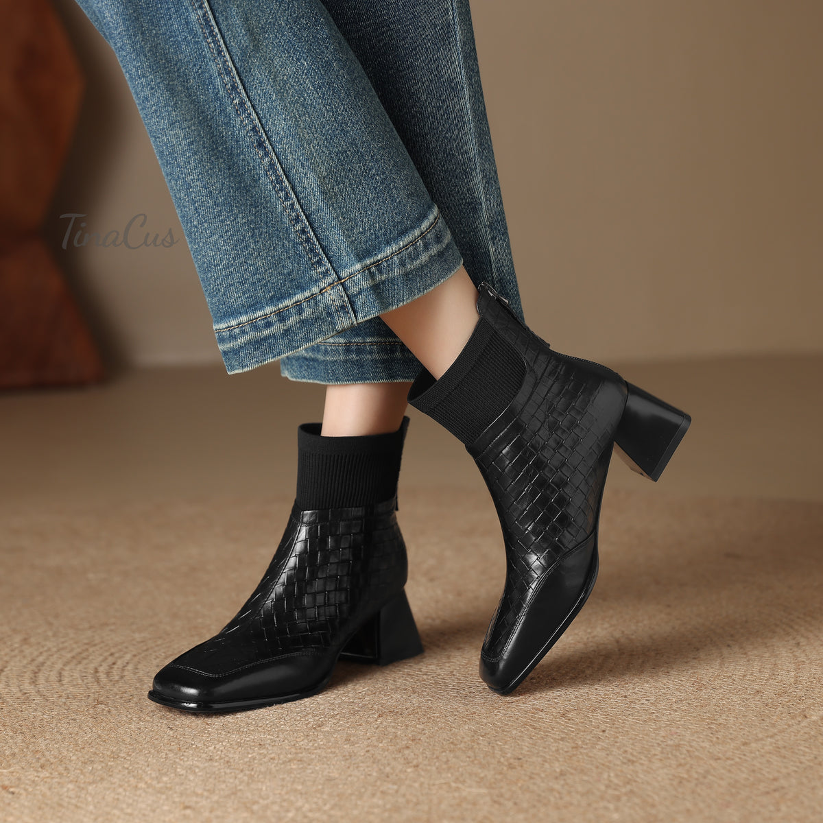 TinaCus Damen-Stiefeletten mit Glitzerschnalle, echtes Leder, handgefertigt, Reißverschluss hinten, Stickerei, Blumen