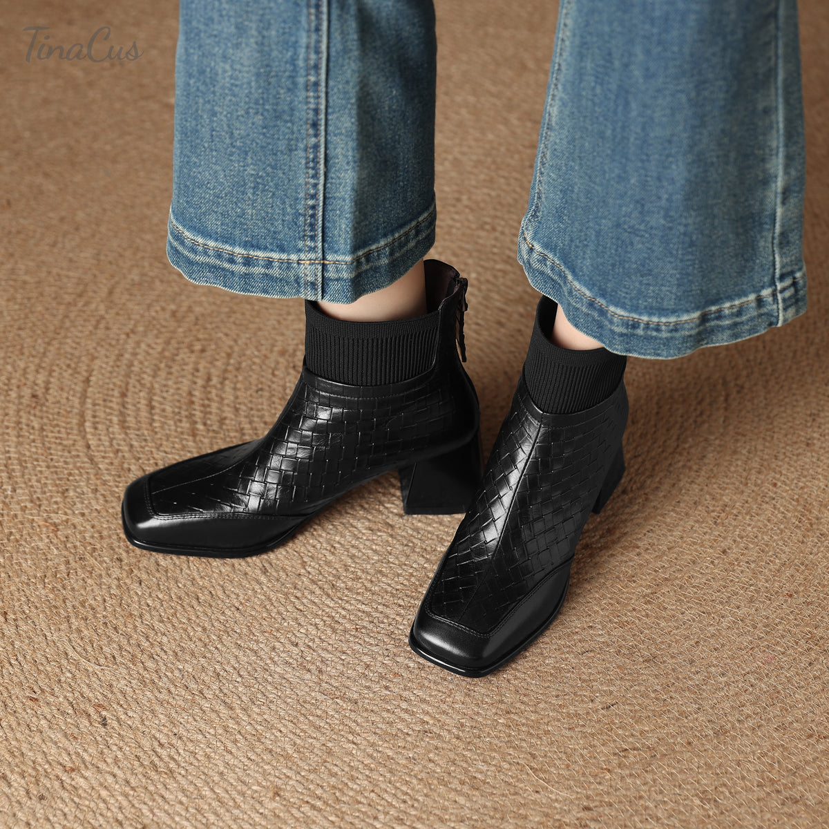 TinaCus Damen-Stiefeletten mit Glitzerschnalle, echtes Leder, handgefertigt, Reißverschluss hinten, Stickerei, Blumen