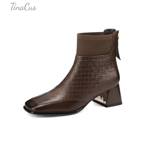 TinaCus Women's Square Toe Handmade Block Heel Zip up Sock Ankle Booties