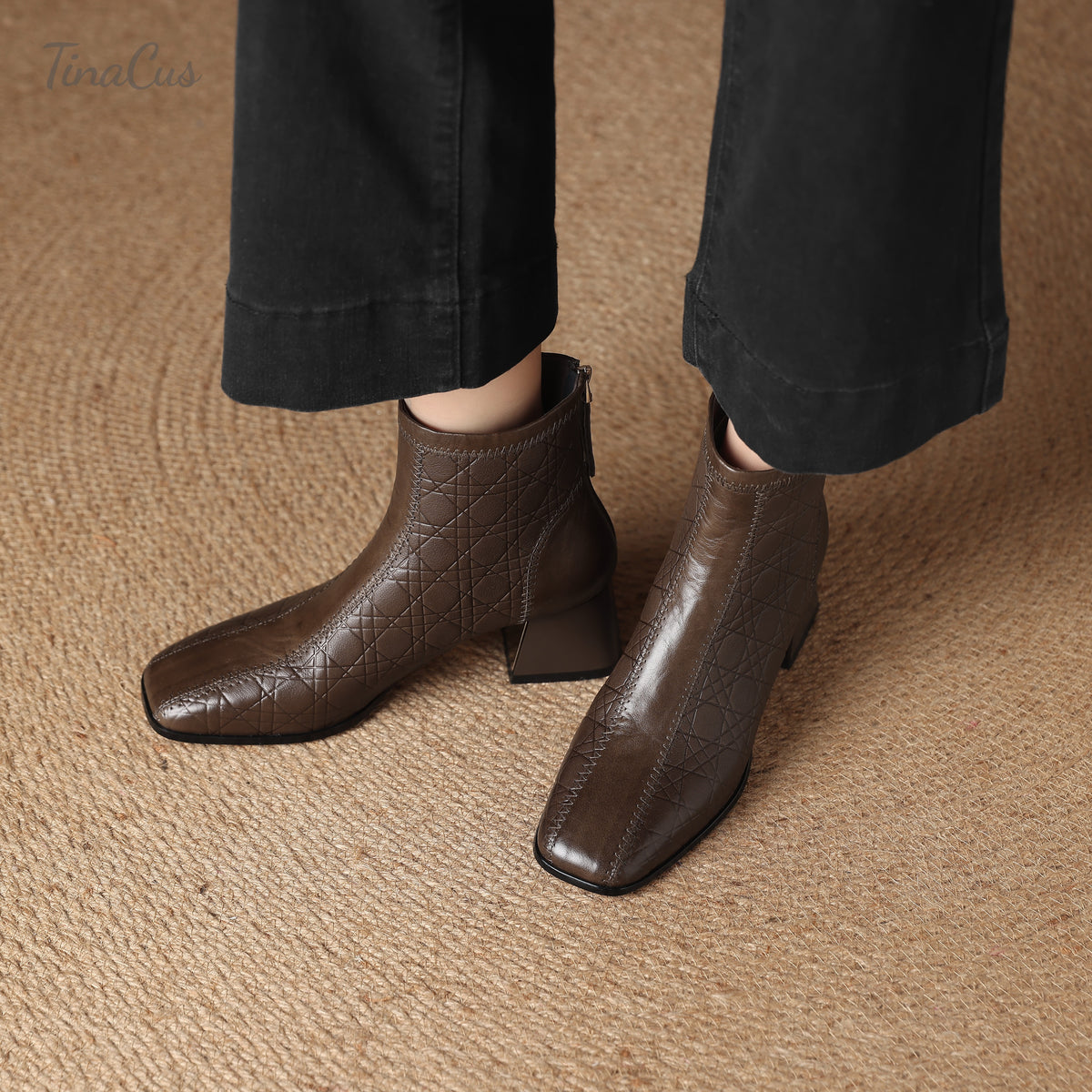 TinaCus Damen-Stiefeletten mit Glitzerschnalle, echtes Leder, handgefertigt, Reißverschluss hinten, Stickerei, Blumen