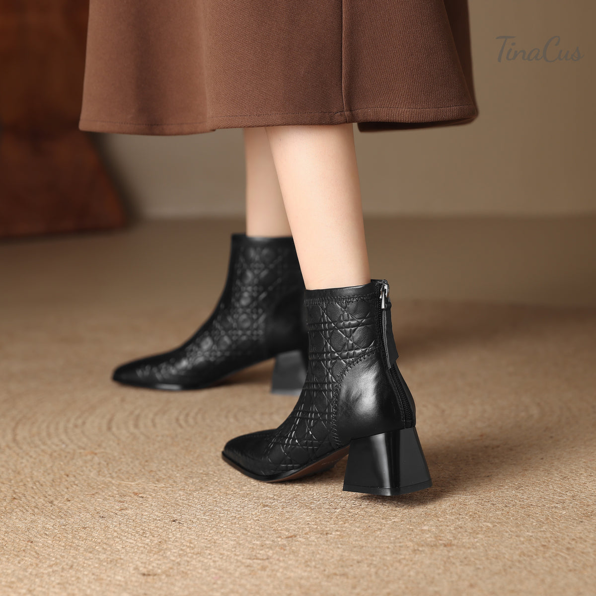TinaCus Damen-Stiefeletten mit Glitzerschnalle, echtes Leder, handgefertigt, Reißverschluss hinten, Stickerei, Blumen