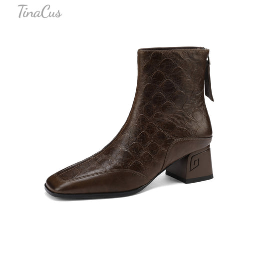 TinaCus Women's Square Toe Block Heel Zip up Ankle Booties