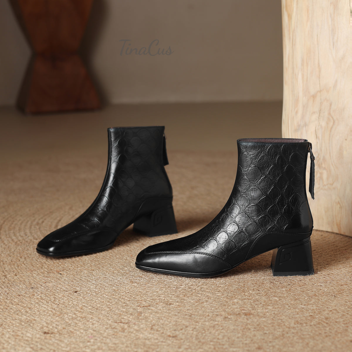 TinaCus Damen-Stiefeletten mit Glitzerschnalle, echtes Leder, handgefertigt, Reißverschluss hinten, Stickerei, Blumen