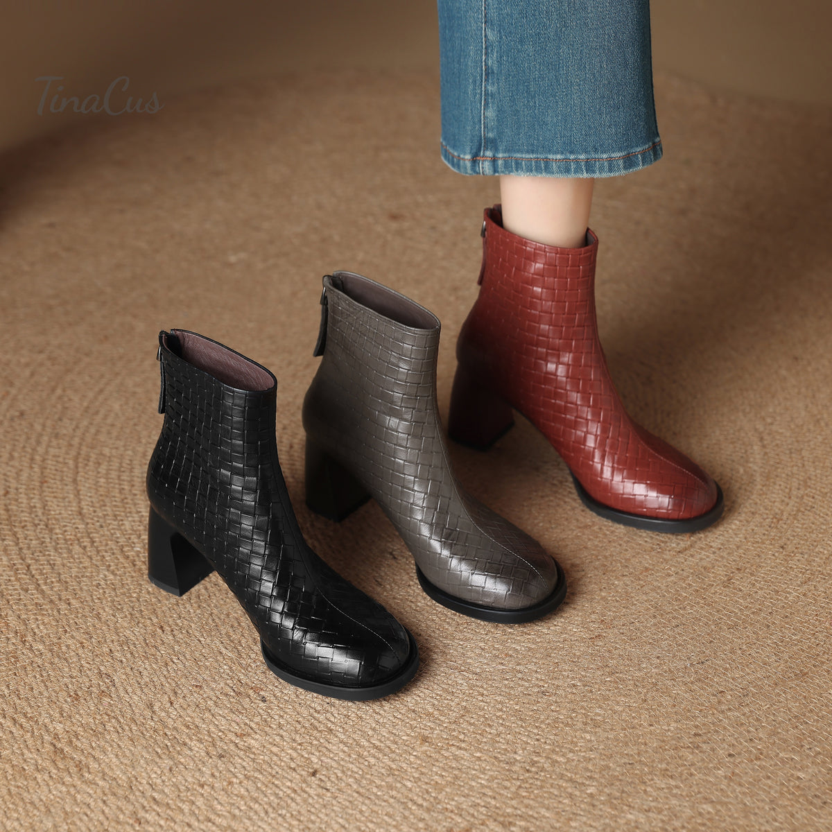 TinaCus Damen-Stiefeletten mit Glitzerschnalle, echtes Leder, handgefertigt, Reißverschluss hinten, Stickerei, Blumen