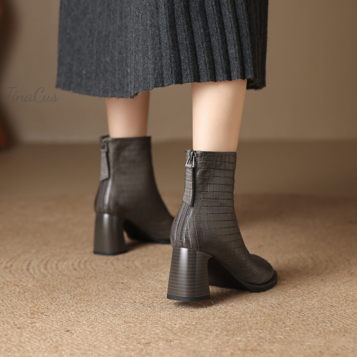 TinaCus Damen-Stiefeletten mit Glitzerschnalle, echtes Leder, handgefertigt, Reißverschluss hinten, Stickerei, Blumen
