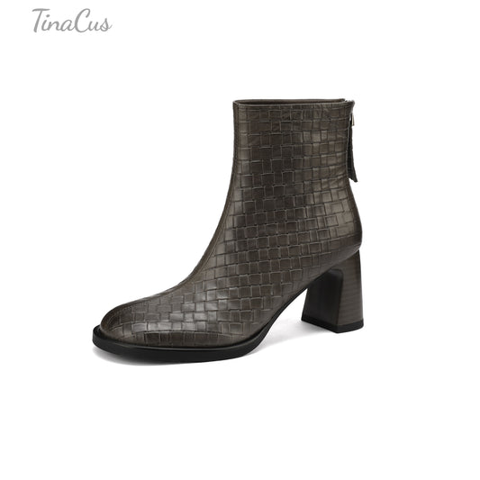 TinaCus Women’s Round Toe Woven Texture Back Zipper Block Heel Ankle Boots
