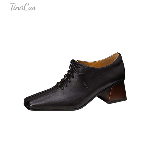TinaCus Handmade Women's Genuine Leather Square Toe Chunky Block Heel Classic Oxford Shoes