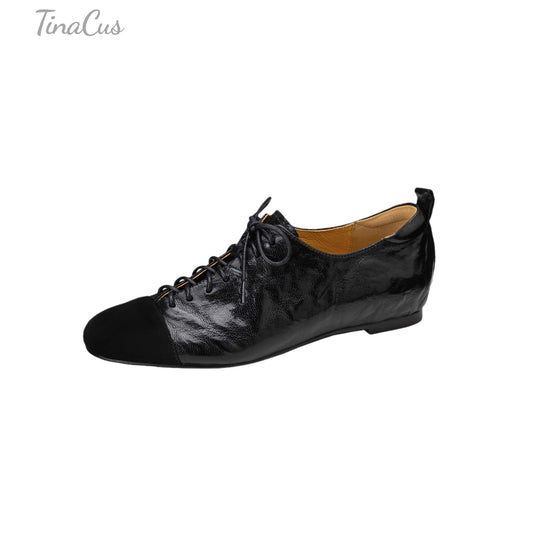 TinaCus Handmade Women's Genuine Leather Round Toe Lace-up Office Oxford Flats