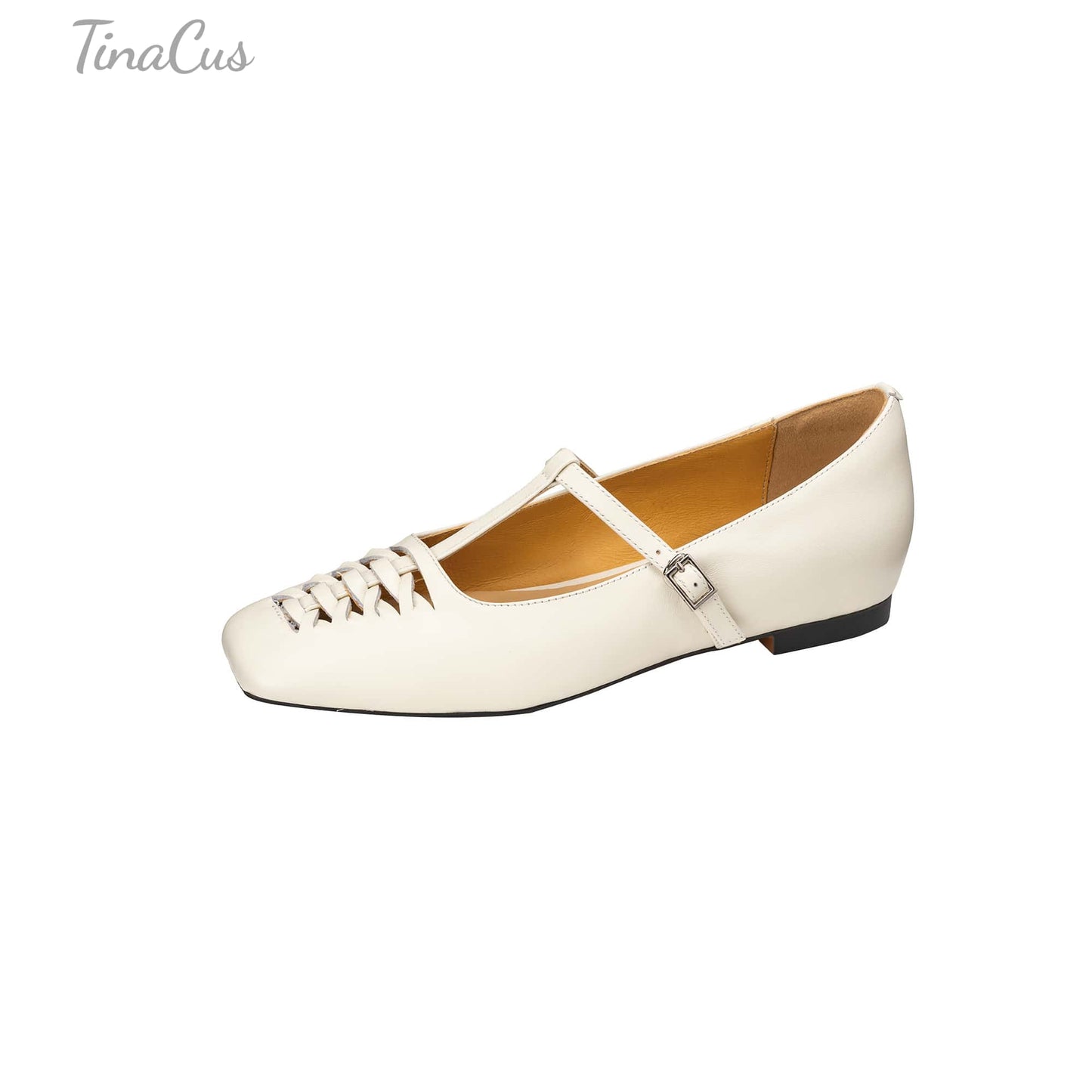 TinaCus Handmade Women's Genuine Leather Square Toe Hollow-out Woven T-strap Buckle Mary Jane Flats