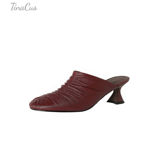 TinaCus Handmade Women's Genuine Leather Closed Round Toe Heeled Sandals Backless Mules
