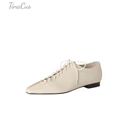 TinaCus Handmade Women's Genuine Leather Soft Lace-up Square Toe Office Oxford Flats Shoes