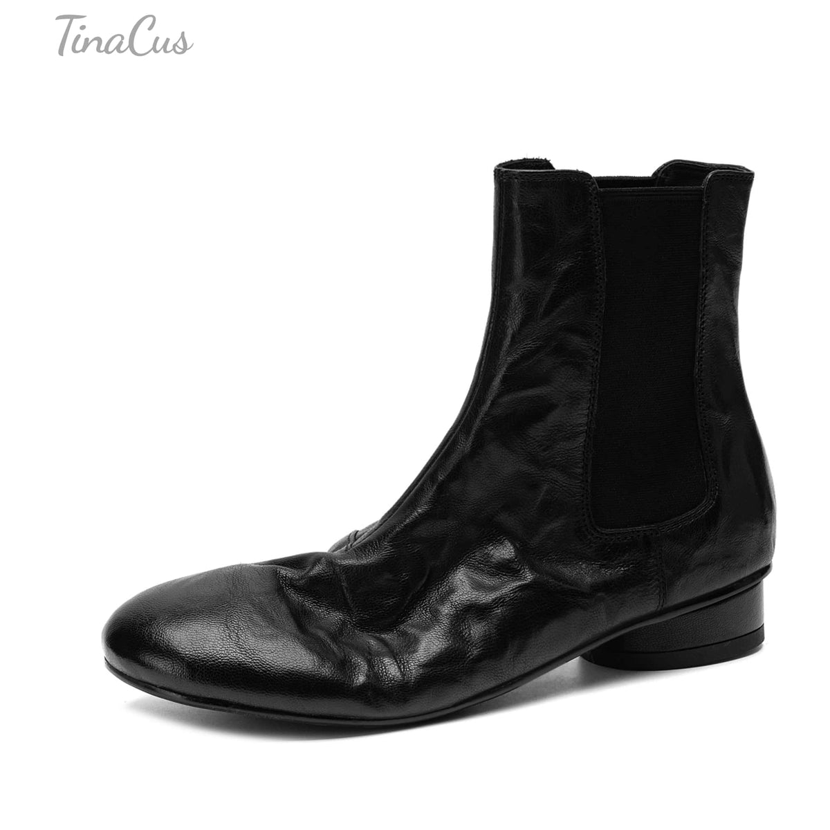 TinaCus Women's Elastic Side Panel Chelsea Ankle Boots Genuine Leather Handmade Round Toe Low Block Heel Slip-On Design Wrinkled Texture