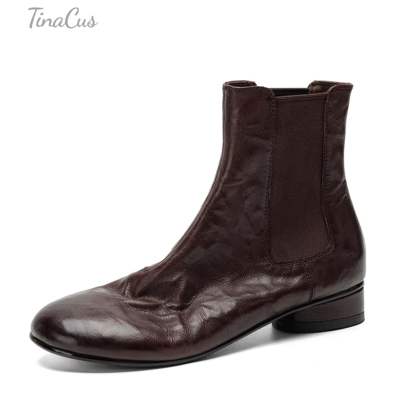 TinaCus Women's Elastic Side Panel Chelsea Ankle Boots Genuine Leather Handmade Round Toe Low Block Heel Slip-On Design Wrinkled Texture