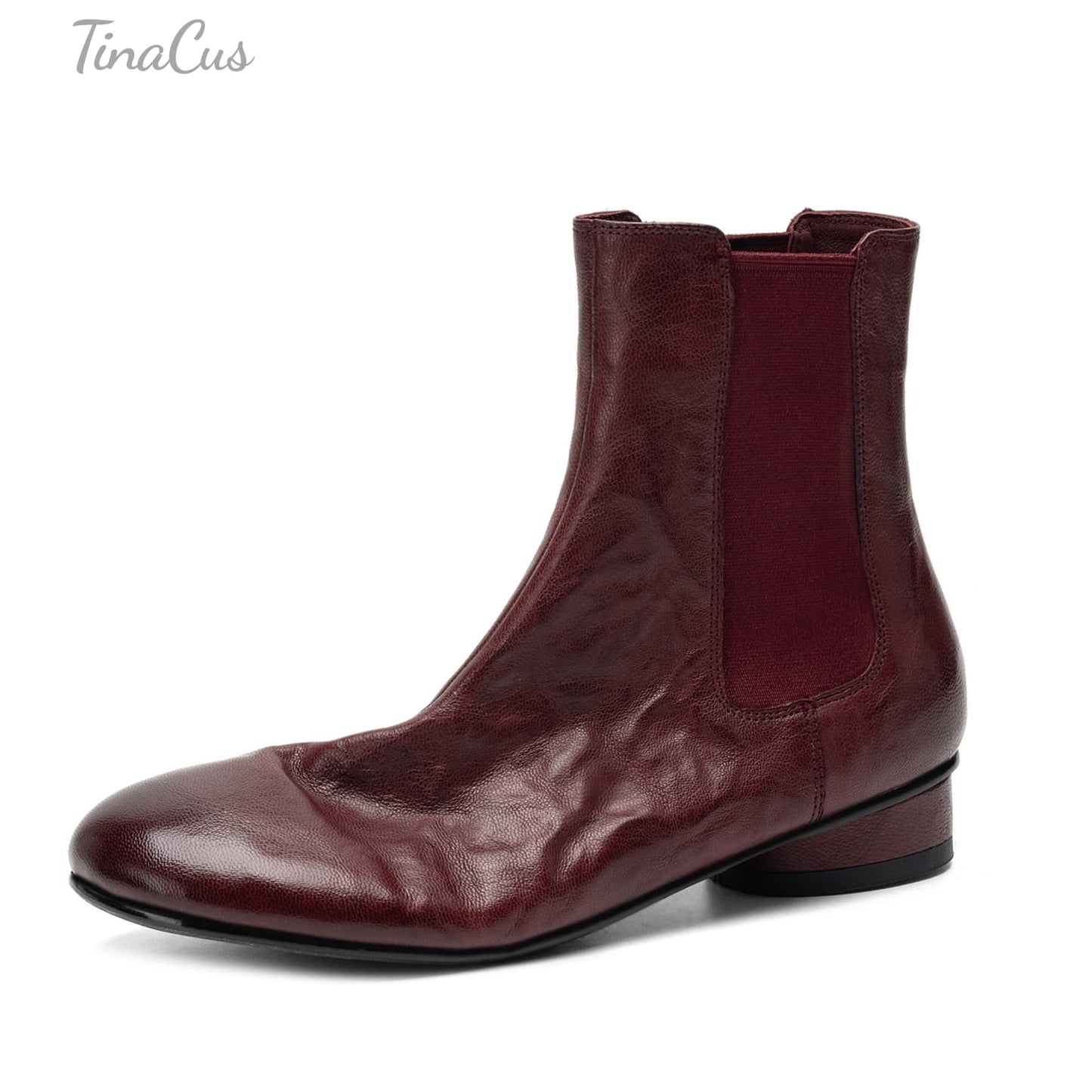 TinaCus Women's Elastic Side Panel Chelsea Ankle Boots Genuine Leather Handmade Round Toe Low Block Heel Slip-On Design Wrinkled Texture