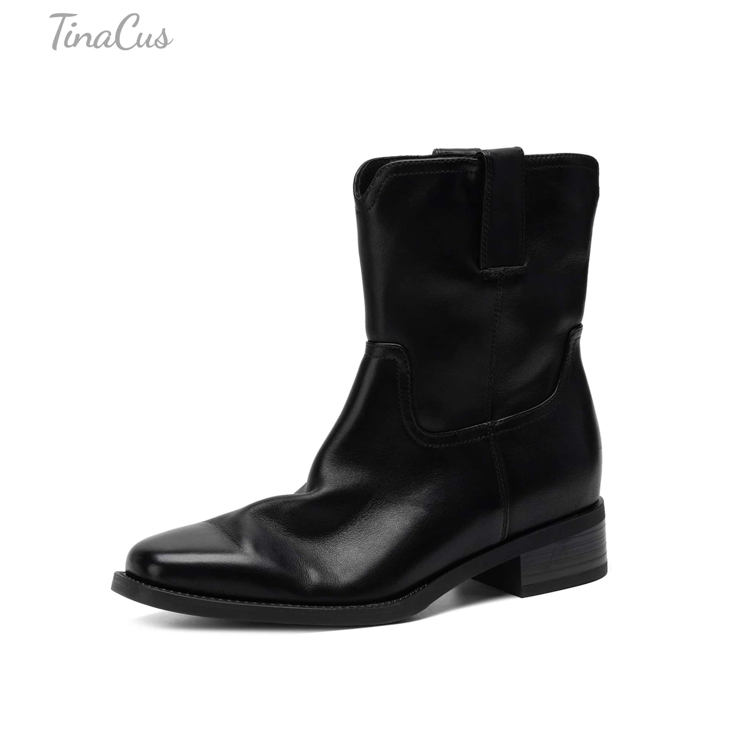 TinaCus Women's Block Heel Pull On Leather Boots Genuine Leather Handmade Square Toe Slip-On Style