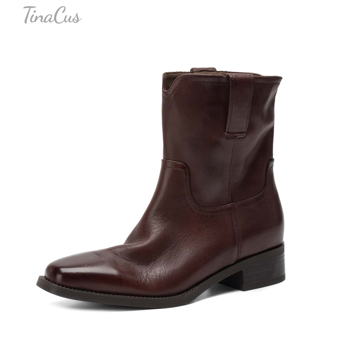 TinaCus Women's Block Heel Pull On Leather Boots Genuine Leather Handmade Square Toe Slip-On Style