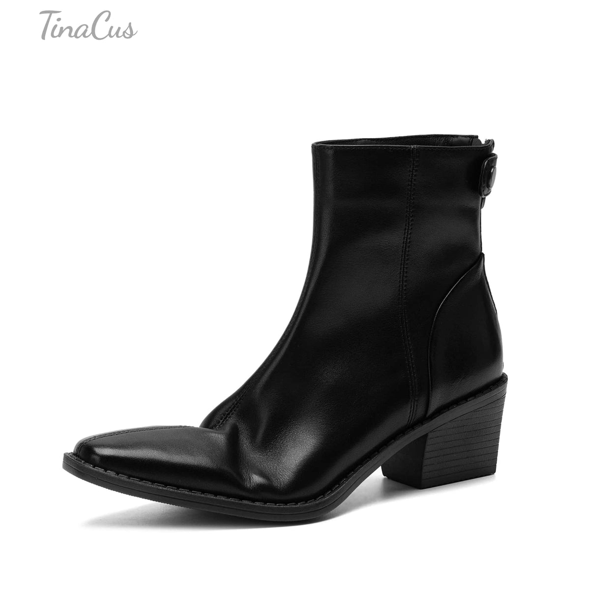 TinaCus Women's Leather Back Zipper Block Heel Ankle Boots Genuine Leather Handmade Square Toe Stacked Block Heel Dress Boots
